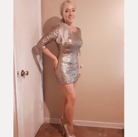 Sequin Longsleeve Mini Gold Dress - Picture 1 of 5